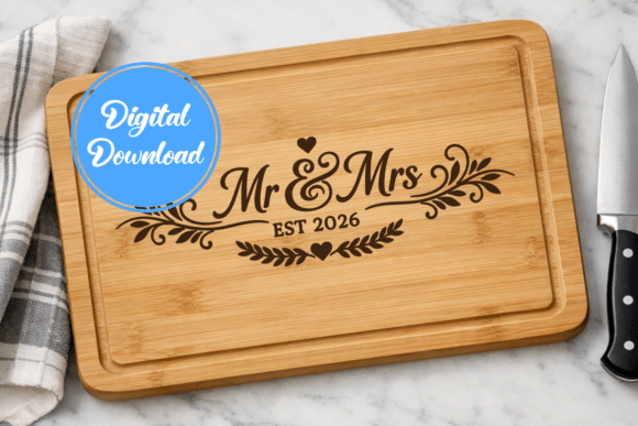 Download Mr &amp; Mrs EST 2026 Cutting Board SVG - Cutting Collection